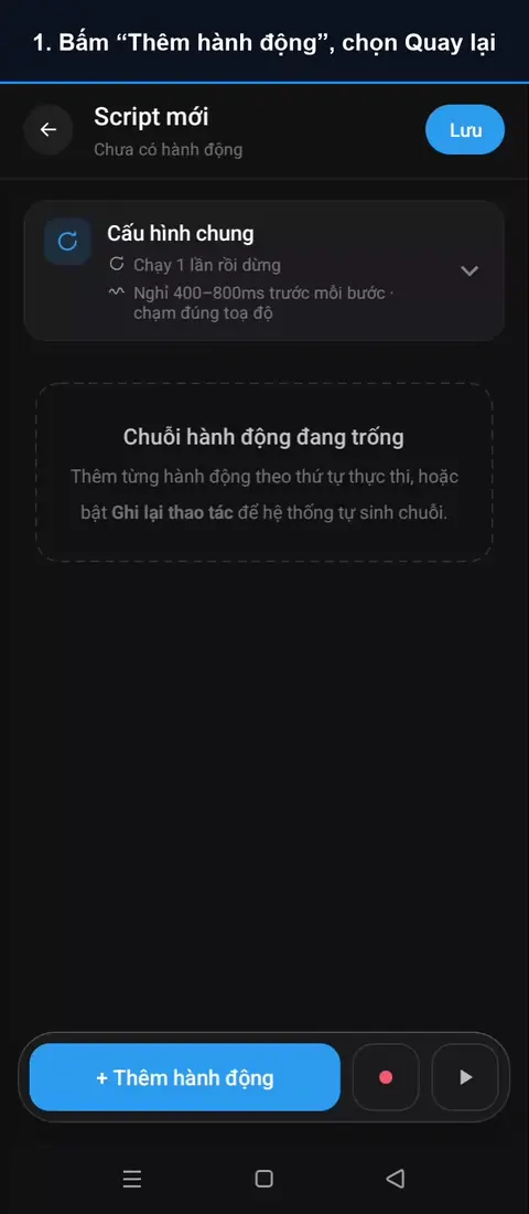 Video hướng dẫn hành động Quay lại: Bấm “Thêm hành động”, chọn Quay lại; Bấm Chạy thử rồi mở ứng dụng; Trong lúc đếm ngược, mở một tin. AutoGest bấm Quay lại, về danh sách tin.