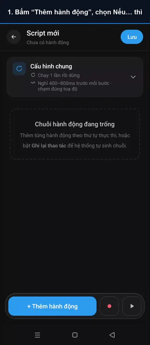 Video hướng dẫn hành động Nếu… thì: Bấm “Thêm hành động”, chọn Nếu… thì; Chọn kiểm tra Chữ, nhập chữ cần thấy; Tắt nhánh “Không thì”, bấm Xong; Thêm vào nhánh Thì: Click nút đóng (X); Quay lại, bấm Chạy thử rồi mở ứng dụng. Thấy chữ “Quảng cáo” nên AutoGest bấm nút đóng.