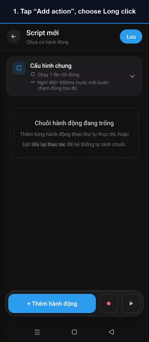Video guide for the Long click action: Tap “Add action”, choose Long click; Tap “Add point”; Open the app, put the crosshair on the button; Tap OK to save the point; Back in AutoGest, choose how long to hold; Tap Test run, then open the app. AutoGest holds the button for 2 s, it unlocks.