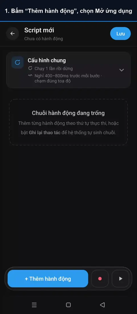 Video hướng dẫn hành động Mở ứng dụng: Bấm “Thêm hành động”, chọn Mở ứng dụng; Bấm “Chọn app”, chọn ứng dụng cần mở; Bấm Chạy thử, không cần tự mở ứng dụng. AutoGest tự mở ứng dụng đã chọn.