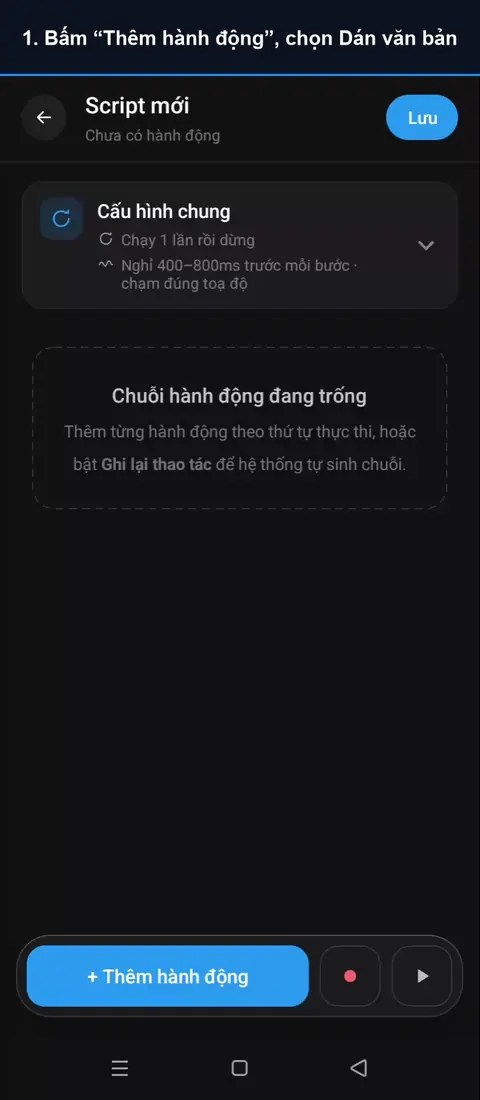 Video hướng dẫn hành động Dán văn bản: Bấm “Thêm hành động”, chọn Dán văn bản; Bấm “Thêm tọa độ”, đặt tâm ngắm vào ô nhập; Quay lại, nhập nội dung cần dán; Bấm Chạy thử rồi mở ứng dụng. AutoGest dán cả đoạn chữ vào ô nhập.
