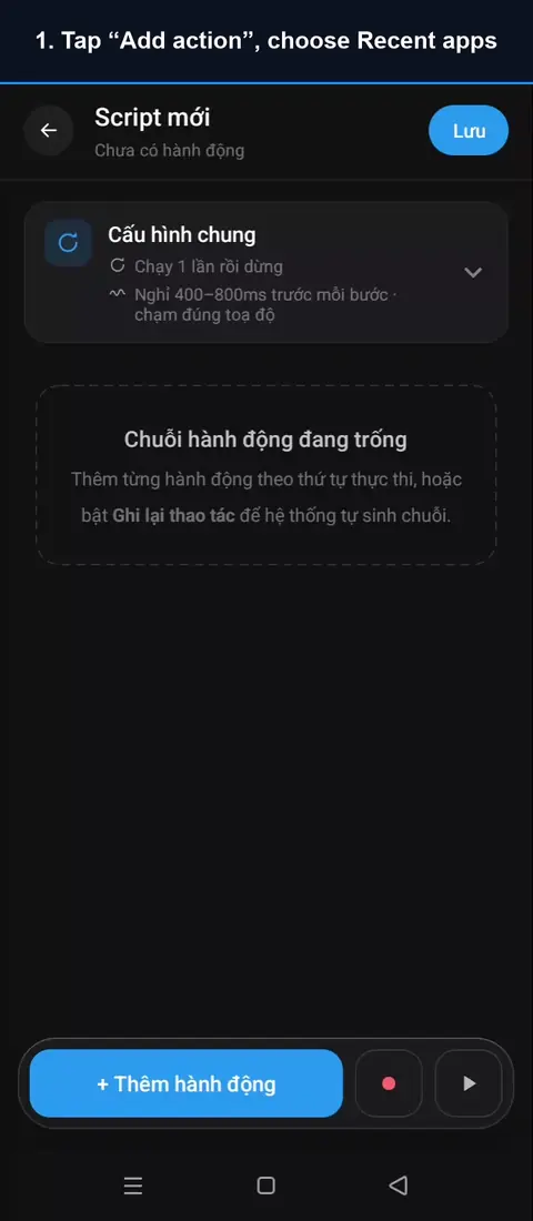 Video guide for the Recent apps action: Tap “Add action”, choose Recent apps; Tap Test run, then open the app. AutoGest opens recent apps (blurred for privacy).