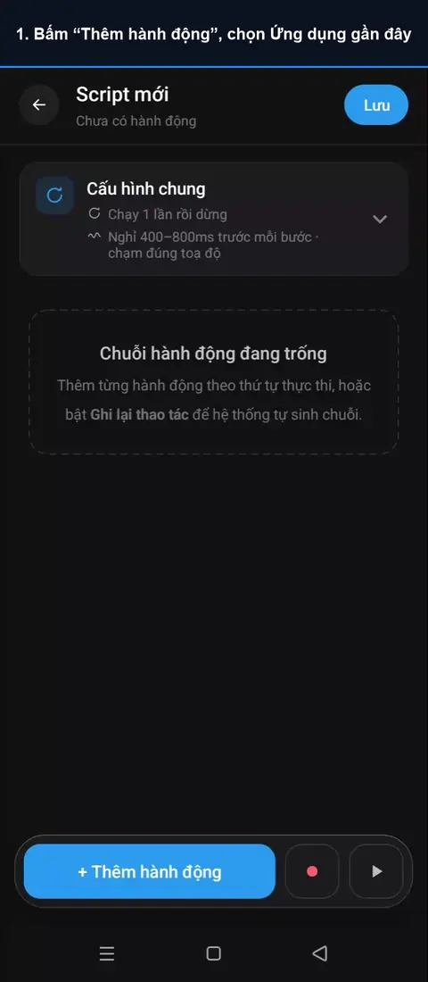 Video hướng dẫn hành động Ứng dụng gần đây: Bấm “Thêm hành động”, chọn Ứng dụng gần đây; Bấm Chạy thử rồi mở ứng dụng. AutoGest mở danh sách gần đây (làm mờ cho riêng tư).