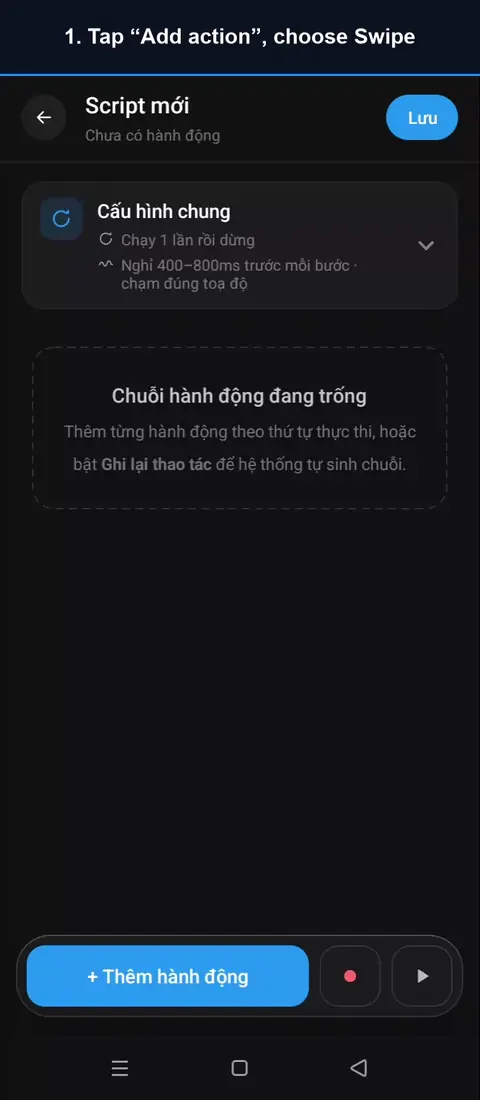 Video guide for the Swipe action: Tap “Add action”, choose Swipe; Pick the start point; Go back, pick the end point; Go back, choose the swipe duration; Tap Test run, then open the app. AutoGest swipes from the start to the end point.
