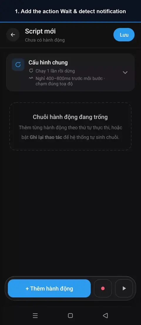 Video guide for the Wait & detect notification action: Add the action Wait & detect notification; Tap “Pick a sample notification”, choose one; Tap the first, then the last word of the phrase; Choose what to read, tap “Use this sample”; Add a Click step on the confirm order button; Go back, tap Test run, then open the app; When a customer places an order…. AutoGest reads the notification, then confirms.
